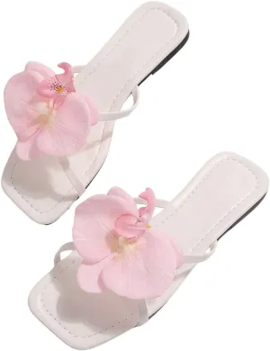 GORGLITTER Women's 3D Flower Sandals Dressy Criss Cross Floral Flat Sandals Square Open Toe Summer Beach Sandals
