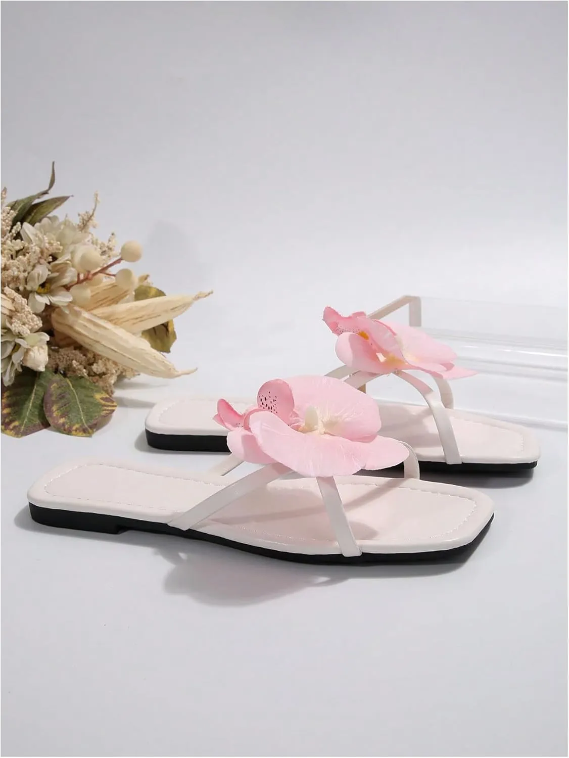 GORGLITTER Women's 3D Flower Sandals Dressy Criss Cross Floral Flat Sandals Square Open Toe Summer Beach Sandals