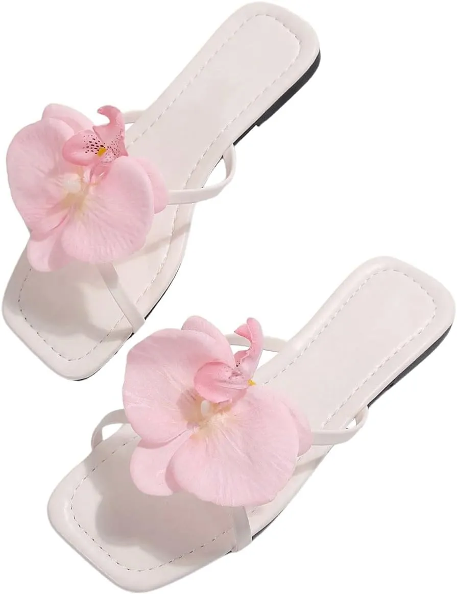 GORGLITTER Women's 3D Flower Sandals Dressy Criss Cross Floral Flat Sandals Square Open Toe Summer Beach Sandals
