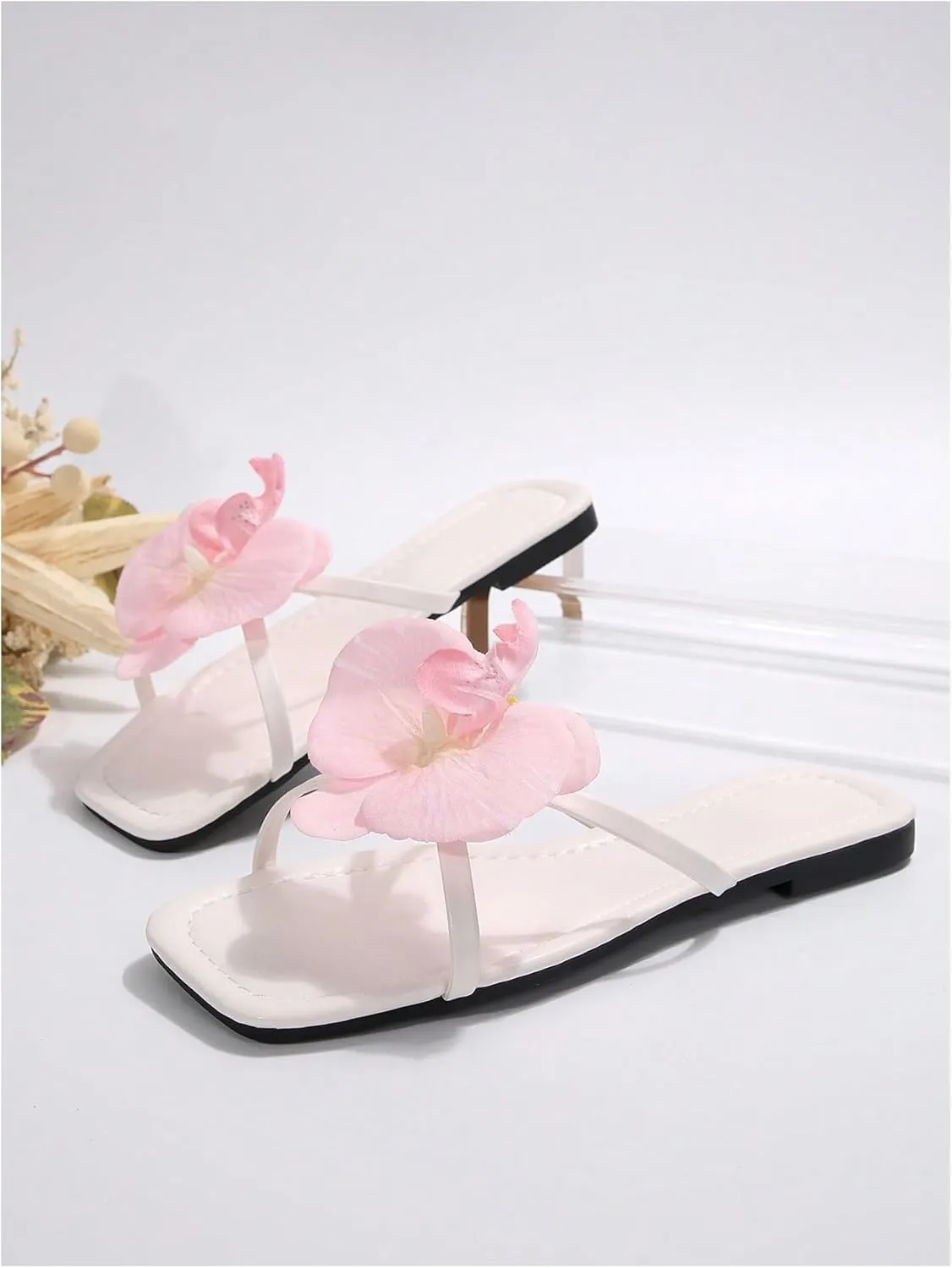 GORGLITTER Women's 3D Flower Sandals Dressy Criss Cross Floral Flat Sandals Square Open Toe Summer Beach Sandals