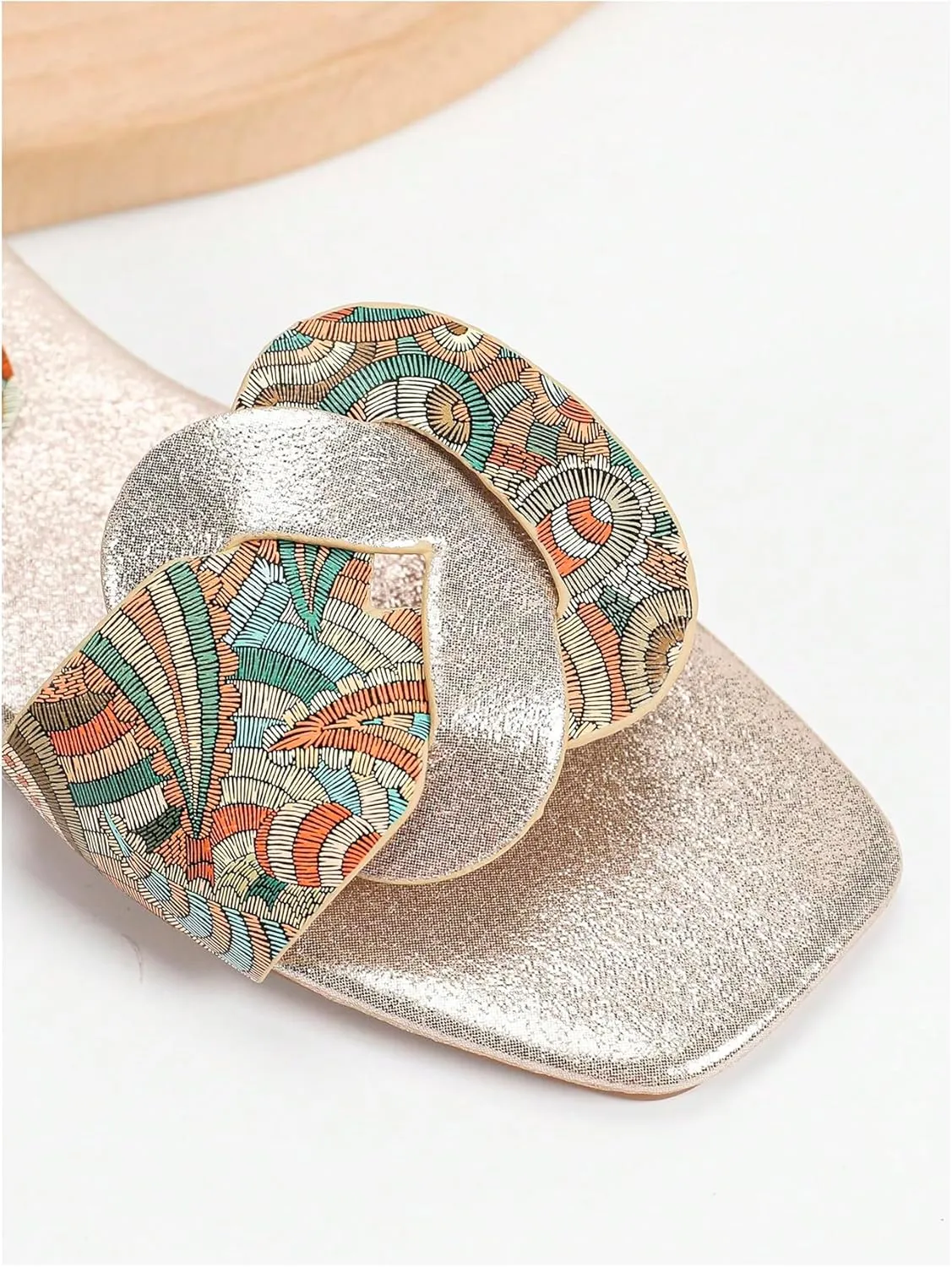 GORGLITTER Women's Boho Bohemian Dressy Flats Metallic Square Open Toe Beach Slide Sandals