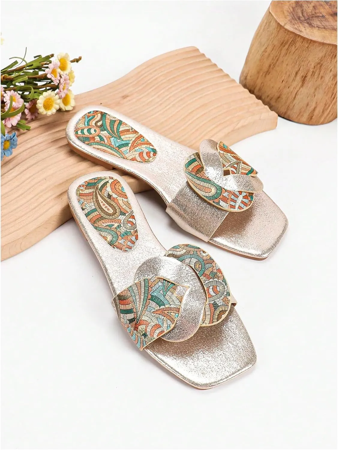 GORGLITTER Women's Boho Bohemian Dressy Flats Metallic Square Open Toe Beach Slide Sandals