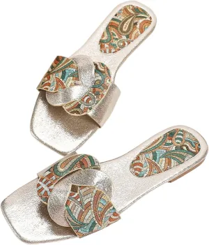 GORGLITTER Women's Boho Bohemian Dressy Flats Metallic Square Open Toe Beach Slide Sandals