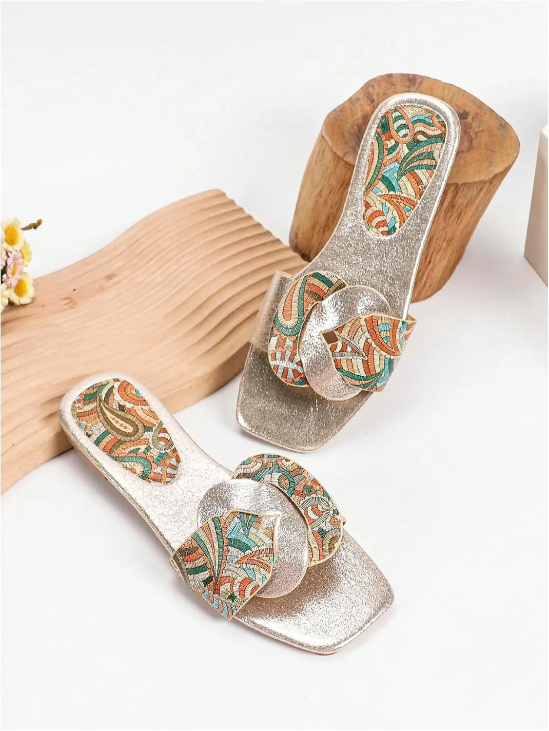 GORGLITTER Women's Boho Bohemian Dressy Flats Metallic Square Open Toe Beach Slide Sandals