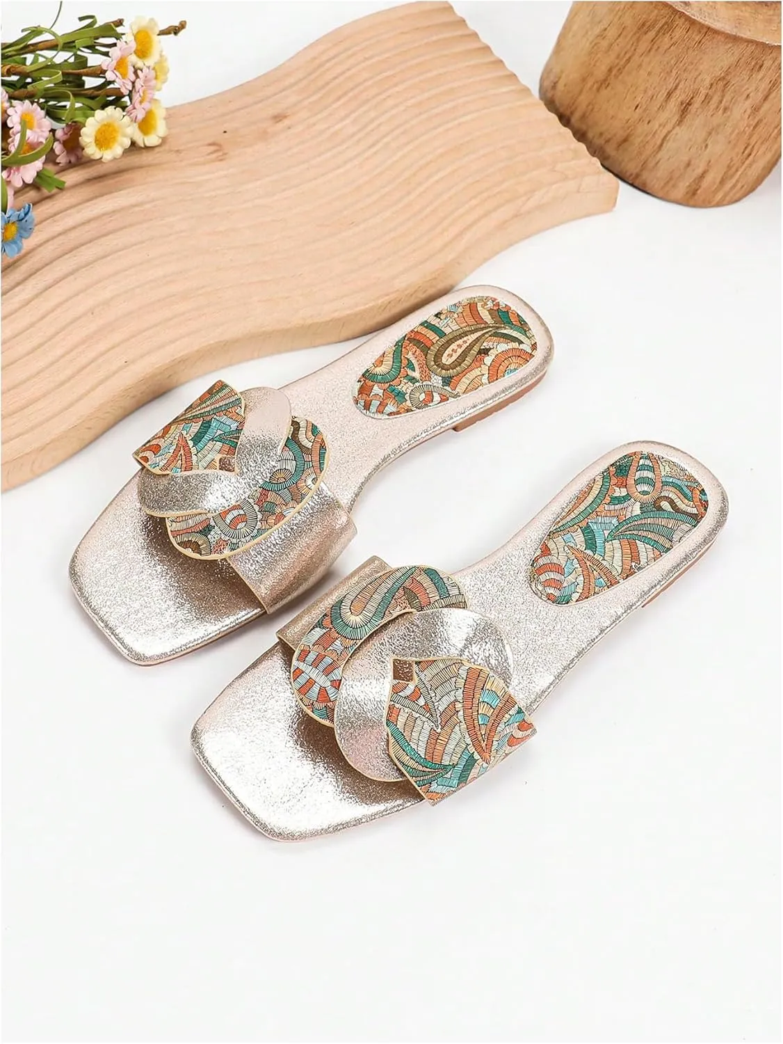 GORGLITTER Women's Boho Bohemian Dressy Flats Metallic Square Open Toe Beach Slide Sandals