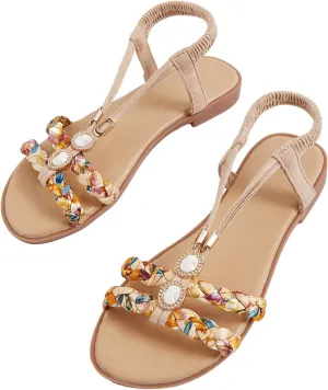 GORGLITTER Women's Floral Decor Braided Ribbon Vacation Flats Open Toe Slingback Straw Sandals