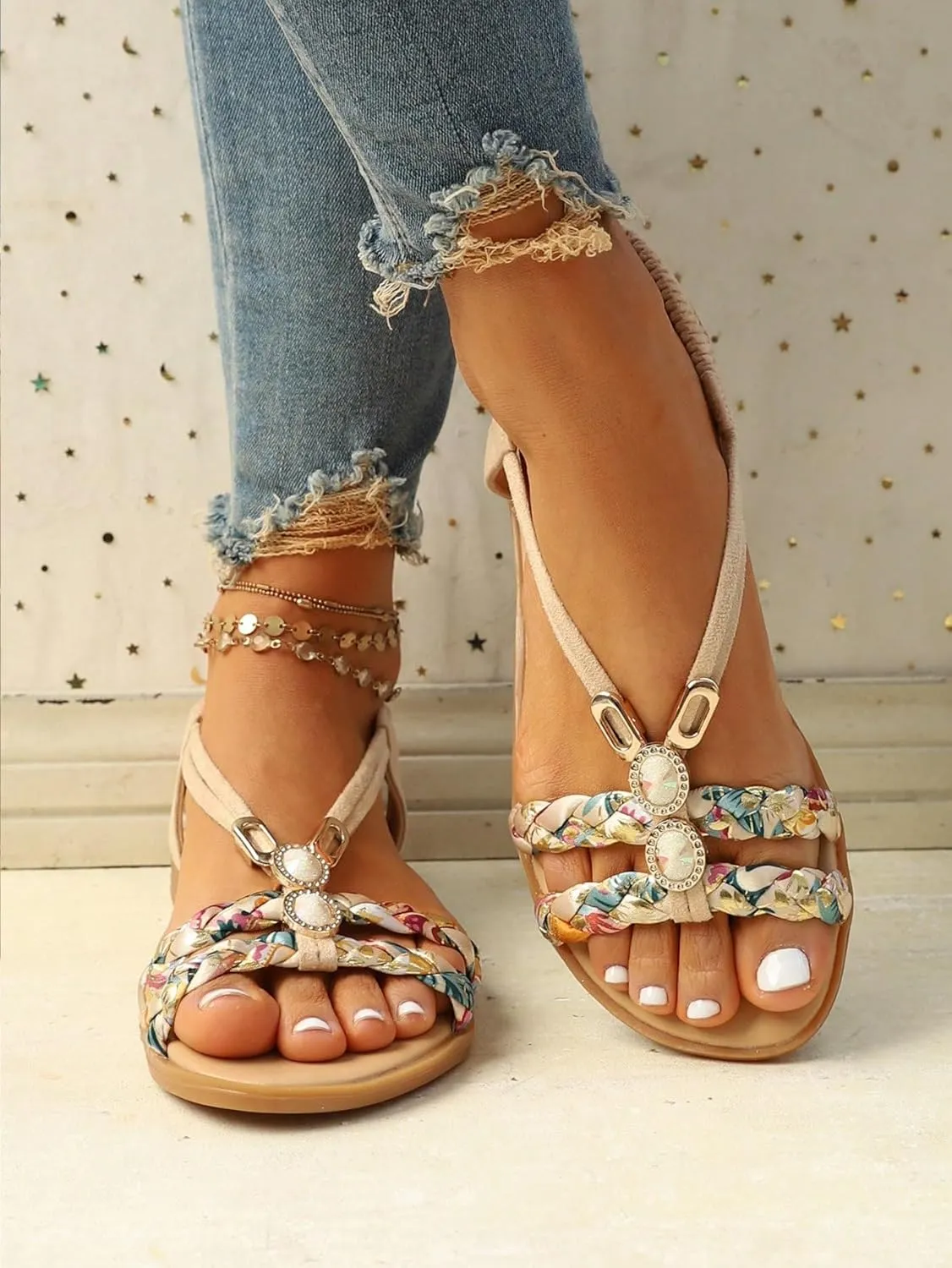 GORGLITTER Women's Floral Decor Braided Ribbon Vacation Flats Open Toe Slingback Straw Sandals