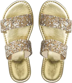 GORGLITTER Women's Gold Sandals Beach Flat Sandals Cute Sparkling Sequins Metallic Open Toe Slide Sandals