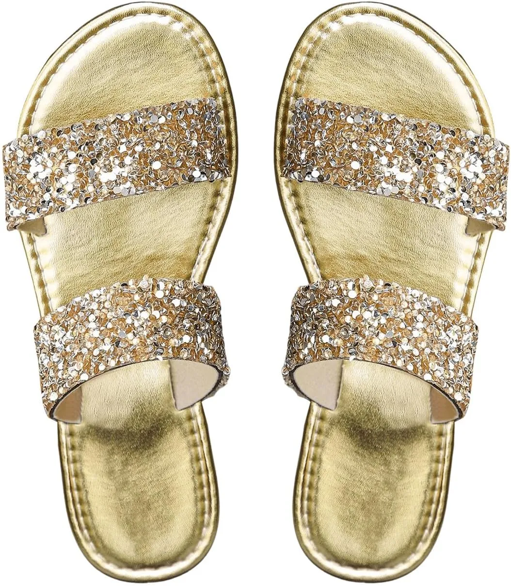 GORGLITTER Women's Gold Sandals Beach Flat Sandals Cute Sparkling Sequins Metallic Open Toe Slide Sandals