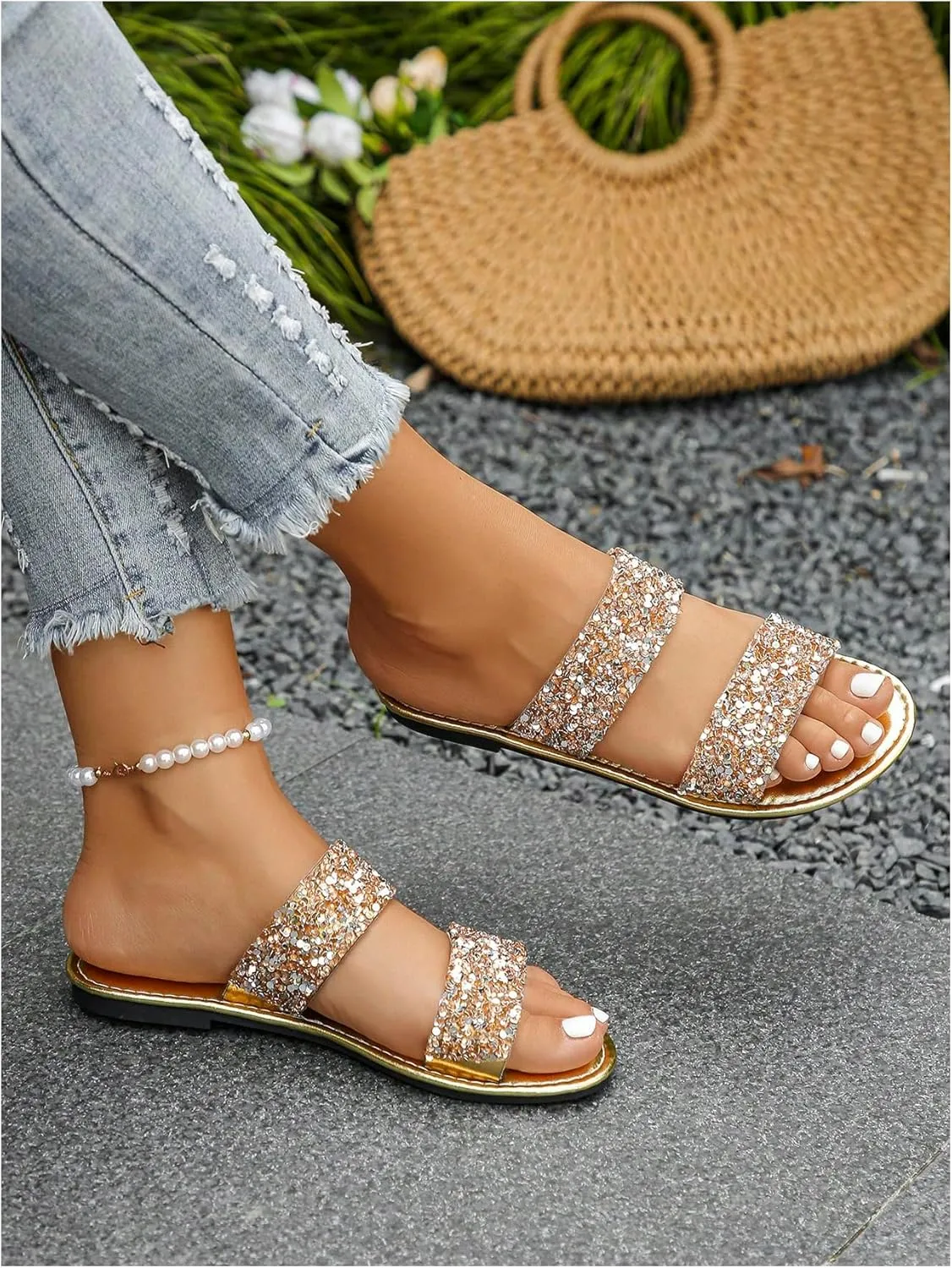 GORGLITTER Women's Gold Sandals Beach Flat Sandals Cute Sparkling Sequins Metallic Open Toe Slide Sandals