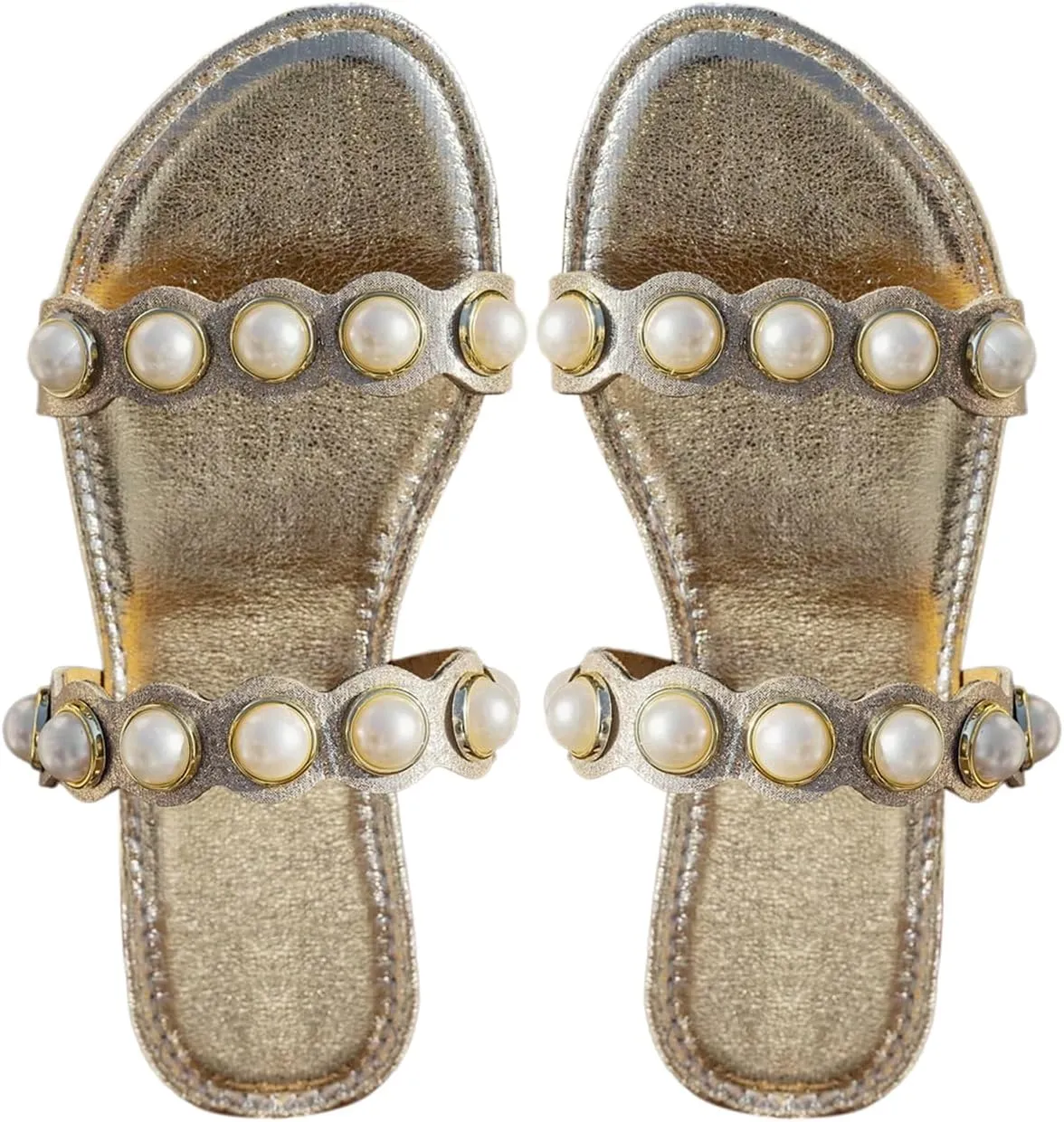 GORGLITTER Women's Pearls Decor Flat Sandals Metallic Dressy Vacation Open Toe Pu Leather Slide Sandals