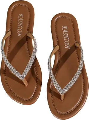 GORGLITTER Women's Rhinestone Sparkly Flat Sandals Open Toe Beach Slides Flip Flops