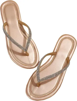 GORGLITTER Women's Rhinestone Sparkly Flat Sandals Open Toe Beach Slides Flip Flops