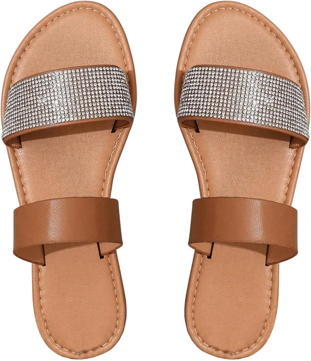 GORGLITTER Women's Two Strap Glitter Rhinestone Open Toe Flats Dressy Sandals