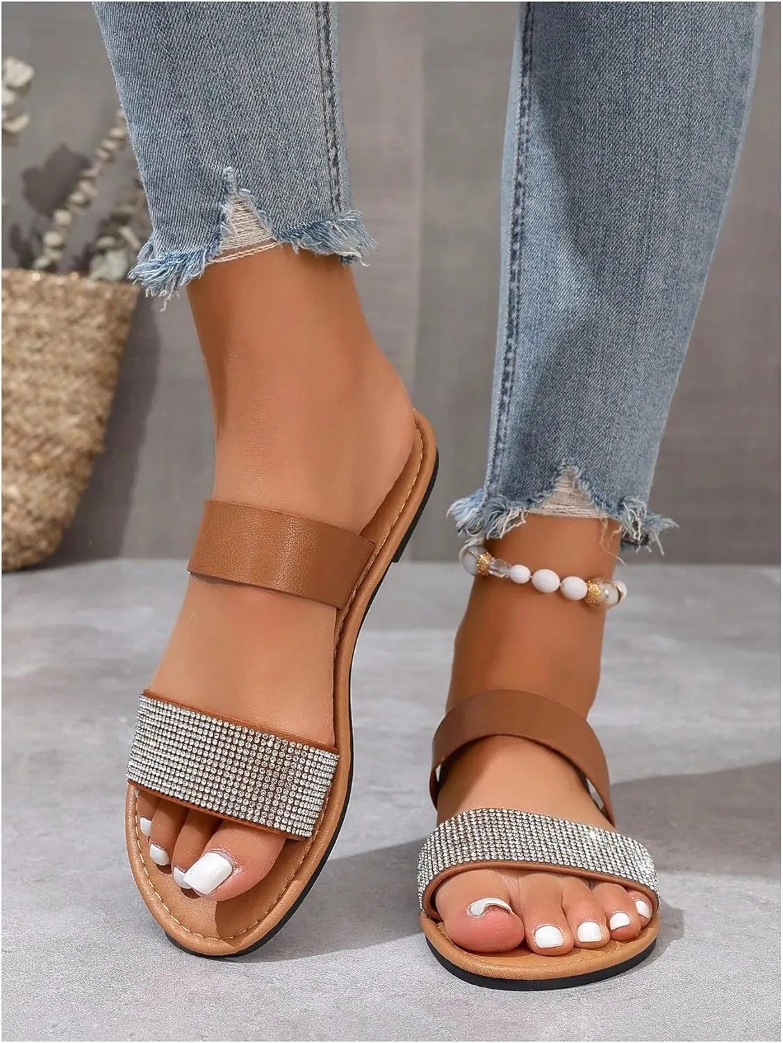 GORGLITTER Women's Two Strap Glitter Rhinestone Open Toe Flats Dressy Sandals