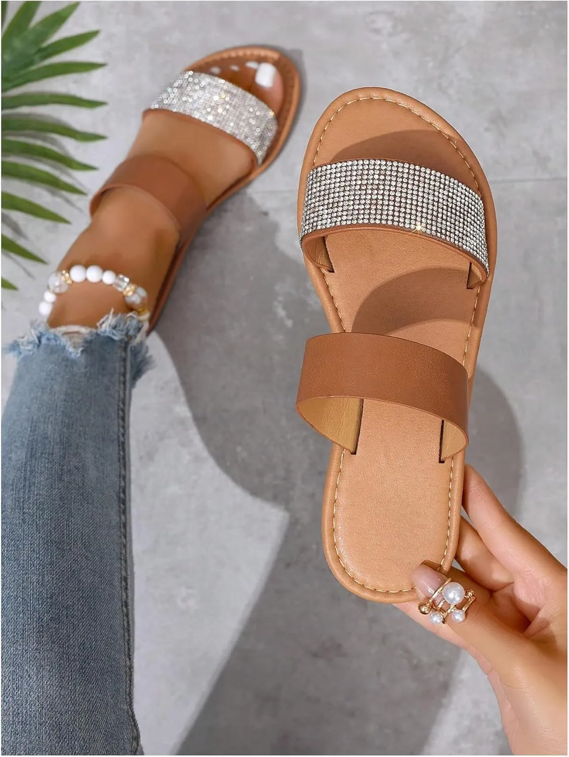 GORGLITTER Women's Two Strap Glitter Rhinestone Open Toe Flats Dressy Sandals