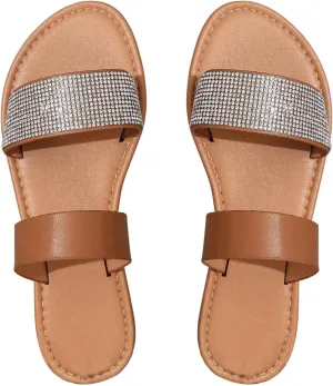 GORGLITTER Women's Two Strap Glitter Rhinestone Open Toe Flats Dressy Sandals