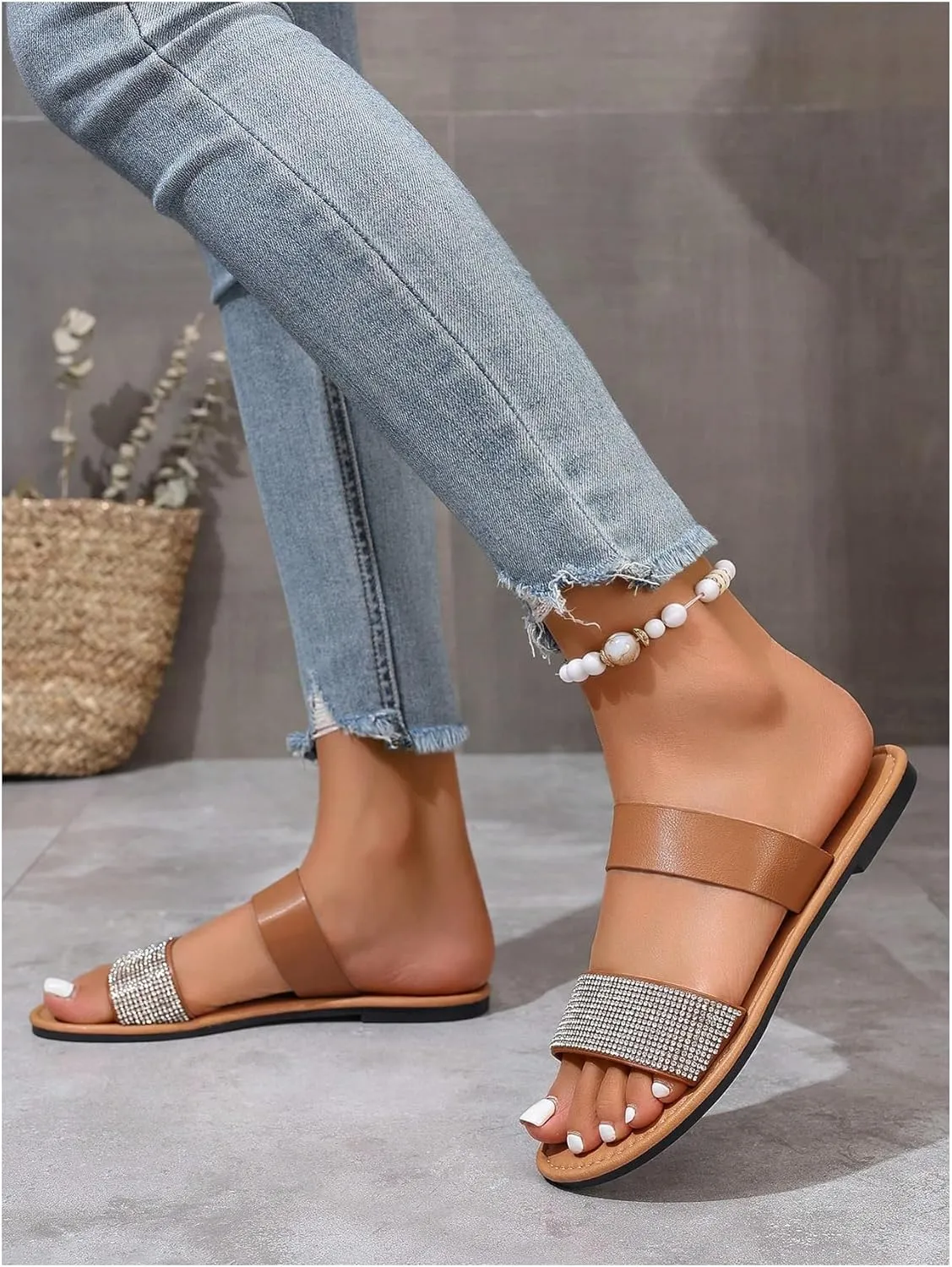 GORGLITTER Women's Two Strap Glitter Rhinestone Open Toe Flats Dressy Sandals