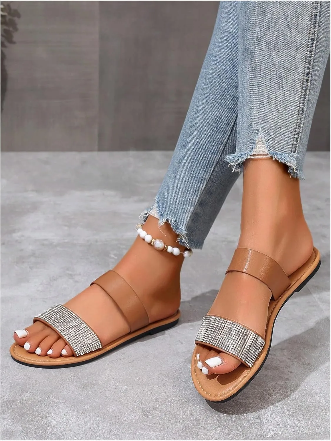 GORGLITTER Women's Two Strap Glitter Rhinestone Open Toe Flats Dressy Sandals