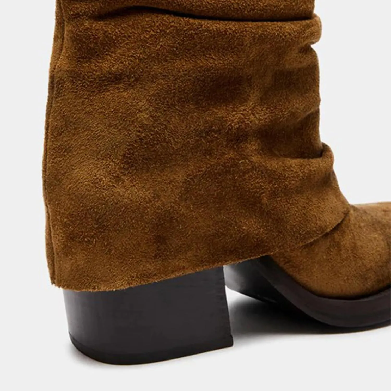 GORZADEUL Women's Brown Square Toe Folding Mid-Calf Thick Heel Riding Pull-Up Suede Boots