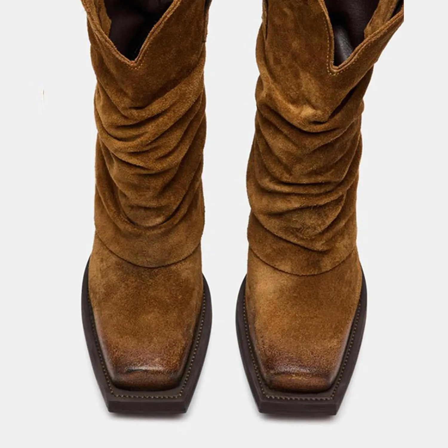 GORZADEUL Women's Brown Square Toe Folding Mid-Calf Thick Heel Riding Pull-Up Suede Boots