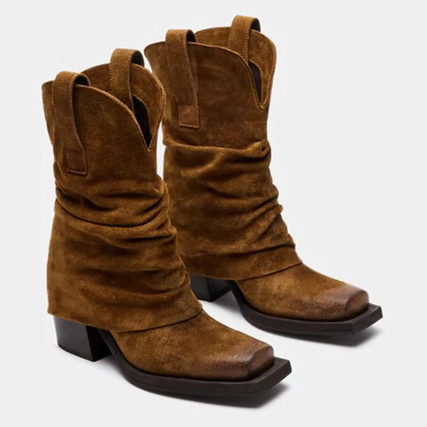 GORZADEUL Women's Brown Square Toe Folding Mid-Calf Thick Heel Riding Pull-Up Suede Boots