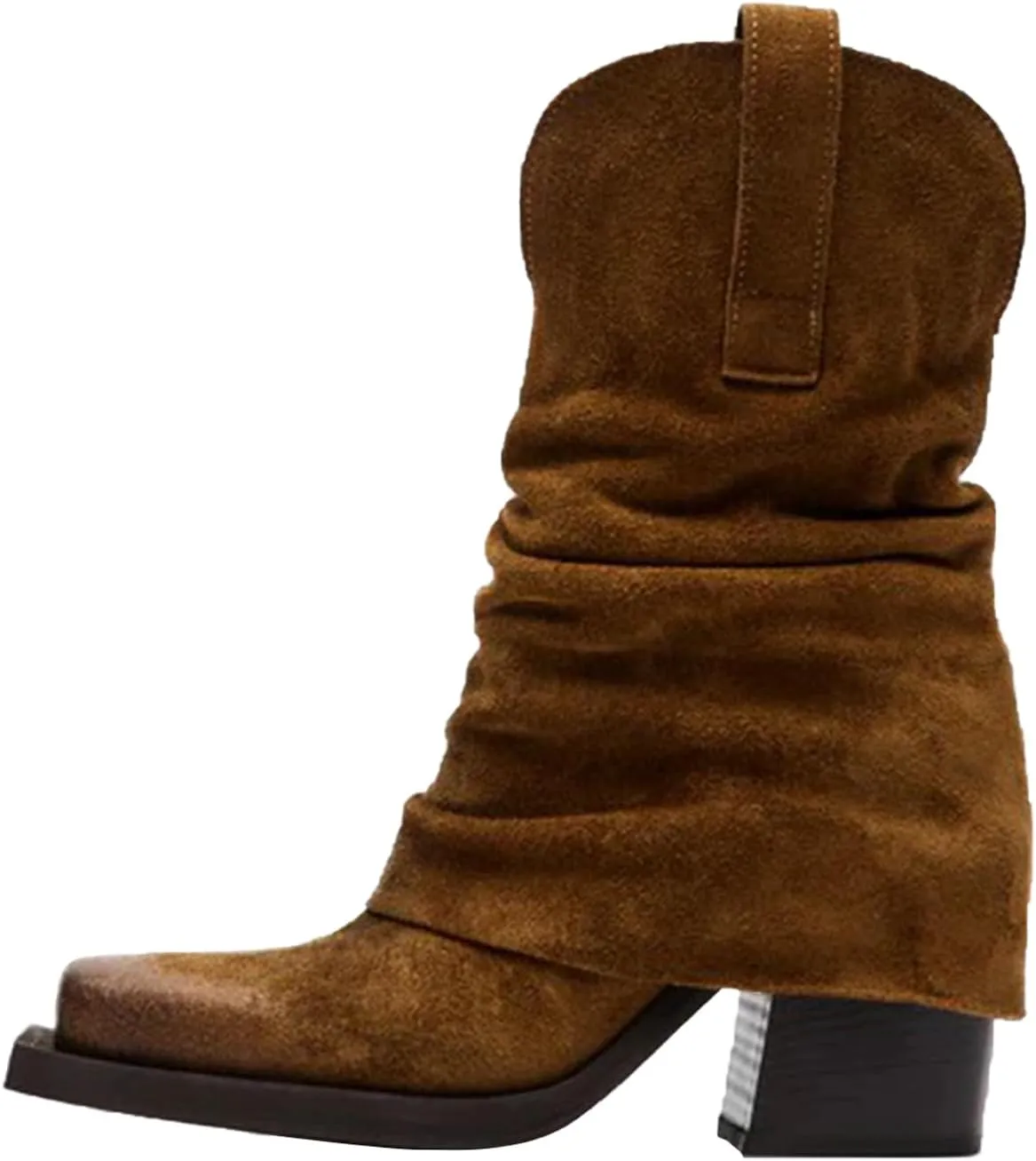 GORZADEUL Women's Brown Square Toe Folding Mid-Calf Thick Heel Riding Pull-Up Suede Boots