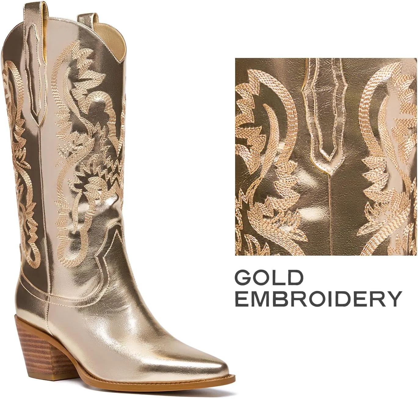 GOSERCE Cowboy Boots for Women - Metallic Mid Calf Cowgirl Boots with Embroidery Sparkly Western Wide Calf Short Boots Fashion Pull on Pointy Toe Chunky Stacked Heel 2.5"
