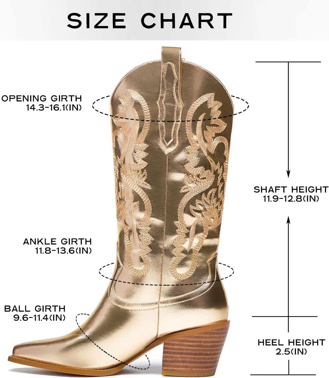 GOSERCE Cowboy Boots for Women - Metallic Mid Calf Cowgirl Boots with Embroidery Sparkly Western Wide Calf Short Boots Fashion Pull on Pointy Toe Chunky Stacked Heel 2.5"