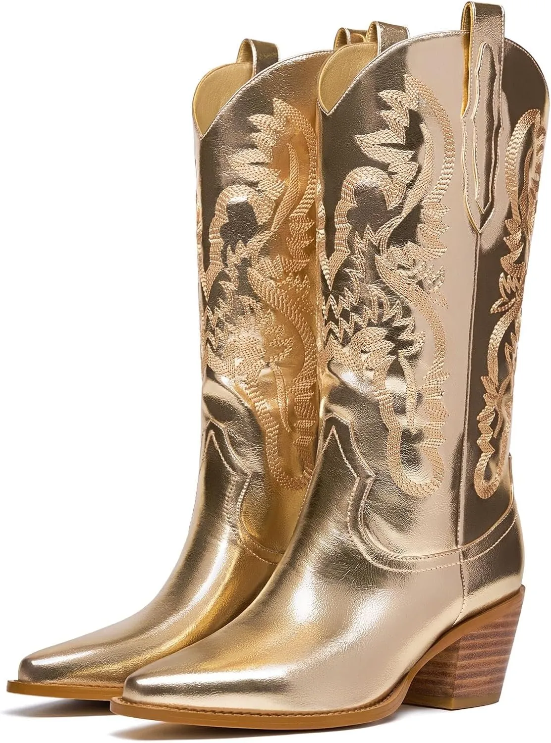 GOSERCE Cowboy Boots for Women - Metallic Mid Calf Cowgirl Boots with Embroidery Sparkly Western Wide Calf Short Boots Fashion Pull on Pointy Toe Chunky Stacked Heel 2.5"