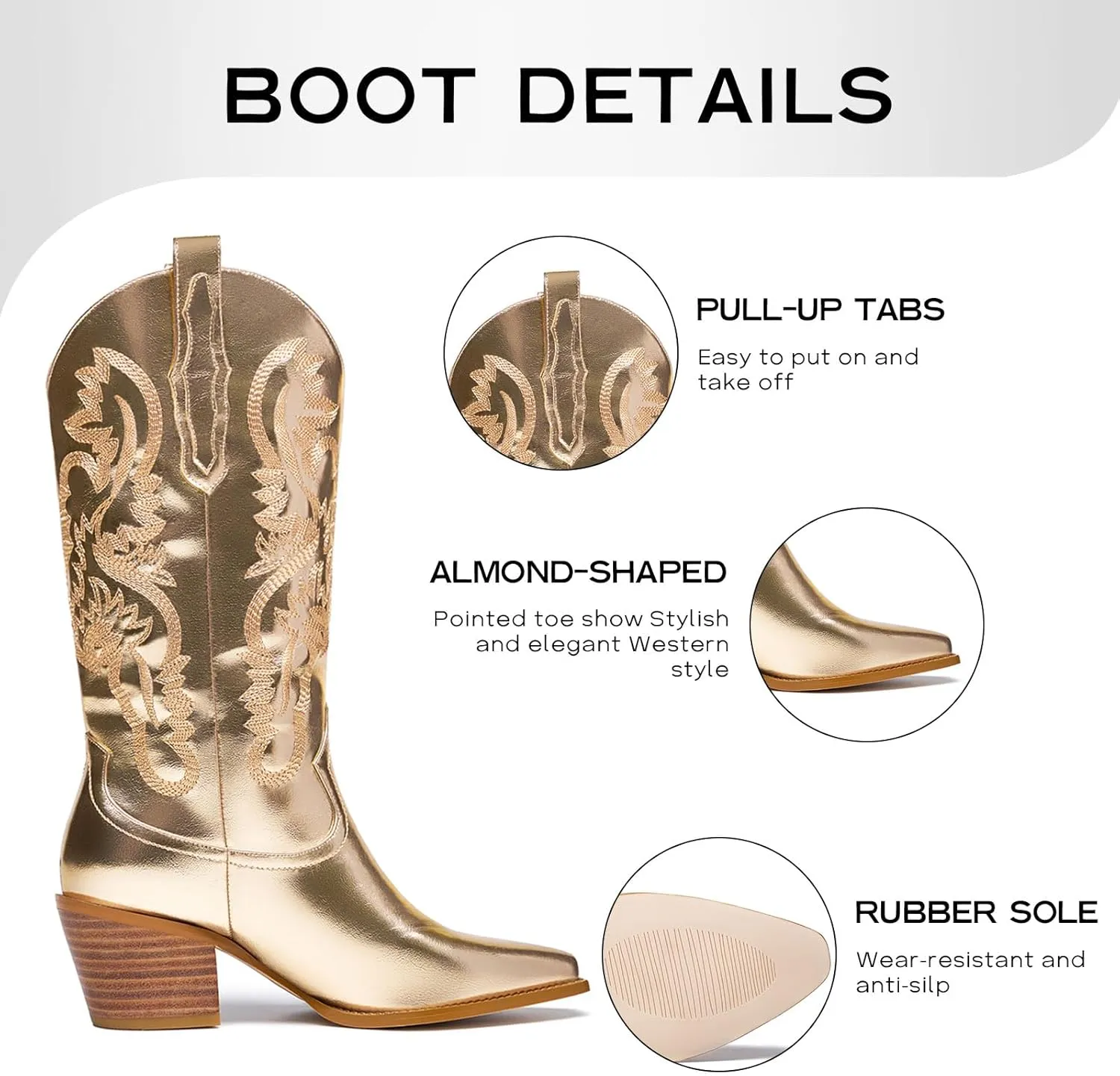 GOSERCE Cowboy Boots for Women - Metallic Mid Calf Cowgirl Boots with Embroidery Sparkly Western Wide Calf Short Boots Fashion Pull on Pointy Toe Chunky Stacked Heel 2.5"
