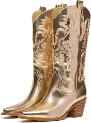 GOSERCE Cowboy Boots for Women - Metallic Mid Calf Cowgirl Boots with Embroidery Sparkly Western Wide Calf Short Boots Fashion Pull on Pointy Toe Chunky Stacked Heel 2.5"
