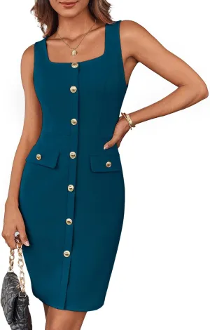 GRACE KARIN 2025 Women's Buttons Belted Square Neck Business Work Dress Sleeveless Bodycon Midi Dress