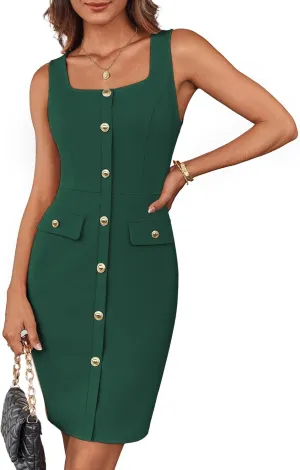 GRACE KARIN 2025 Women's Buttons Belted Square Neck Business Work Dress Sleeveless Bodycon Midi Dress