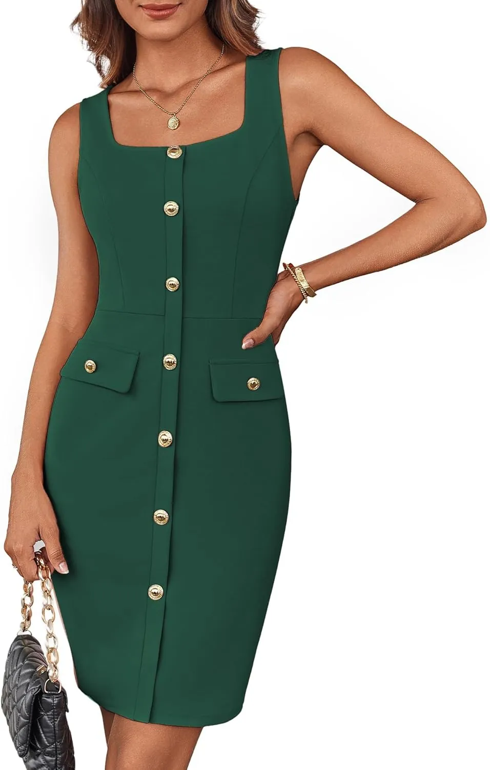 GRACE KARIN 2025 Women's Buttons Belted Square Neck Business Work Dress Sleeveless Bodycon Midi Dress