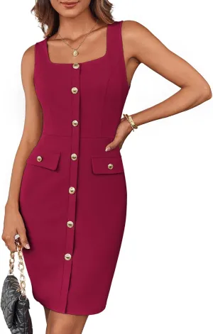 GRACE KARIN 2025 Women's Buttons Belted Square Neck Business Work Dress Sleeveless Bodycon Midi Dress