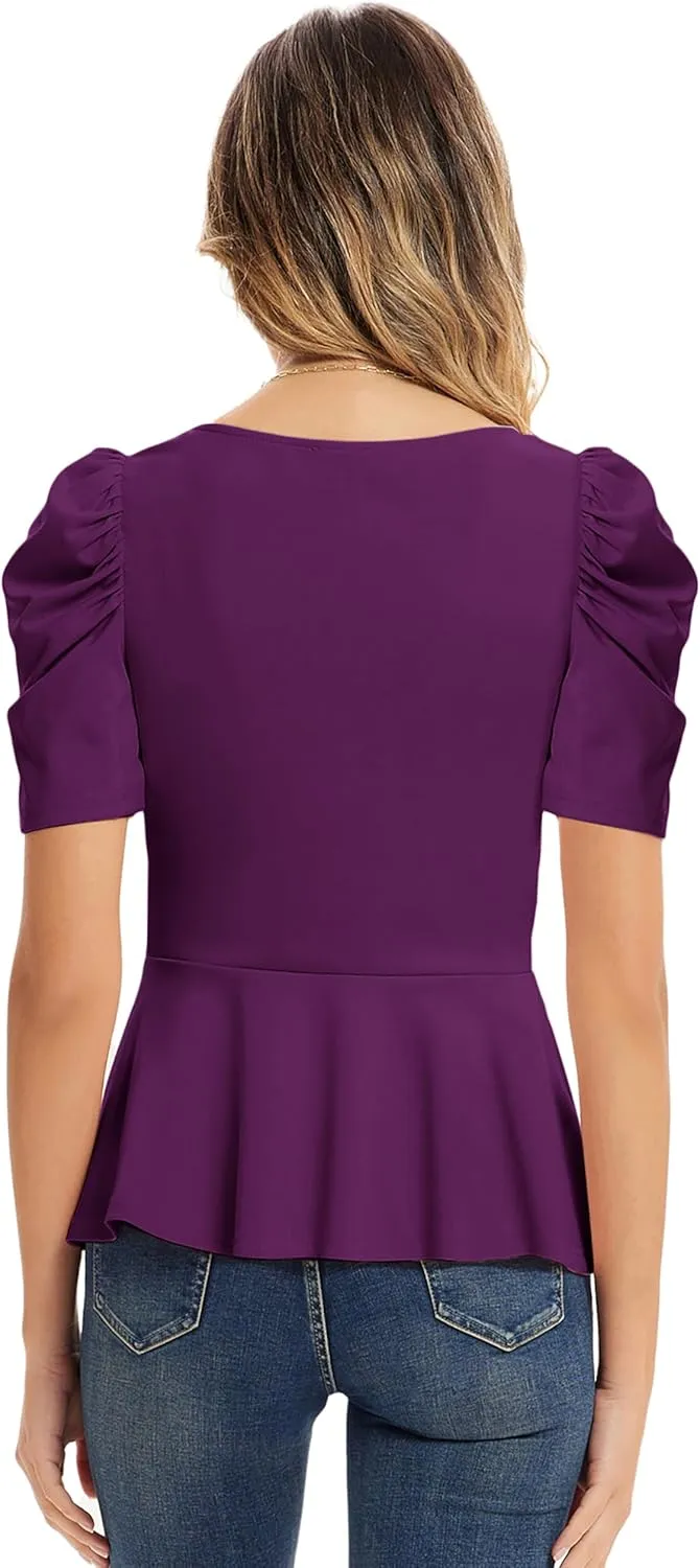 GRACE KARIN 2025 Womens Tops Elegant Peplum Top Wrap V Neck Puff Short Sleeve Summer Tops Blouse