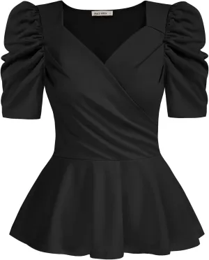 GRACE KARIN 2025 Womens Tops Elegant Peplum Top Wrap V Neck Puff Short Sleeve Summer Tops Blouse