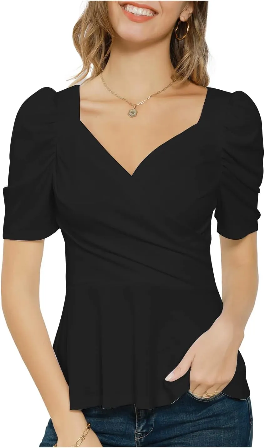 GRACE KARIN 2025 Womens Tops Elegant Peplum Top Wrap V Neck Puff Short Sleeve Summer Tops Blouse