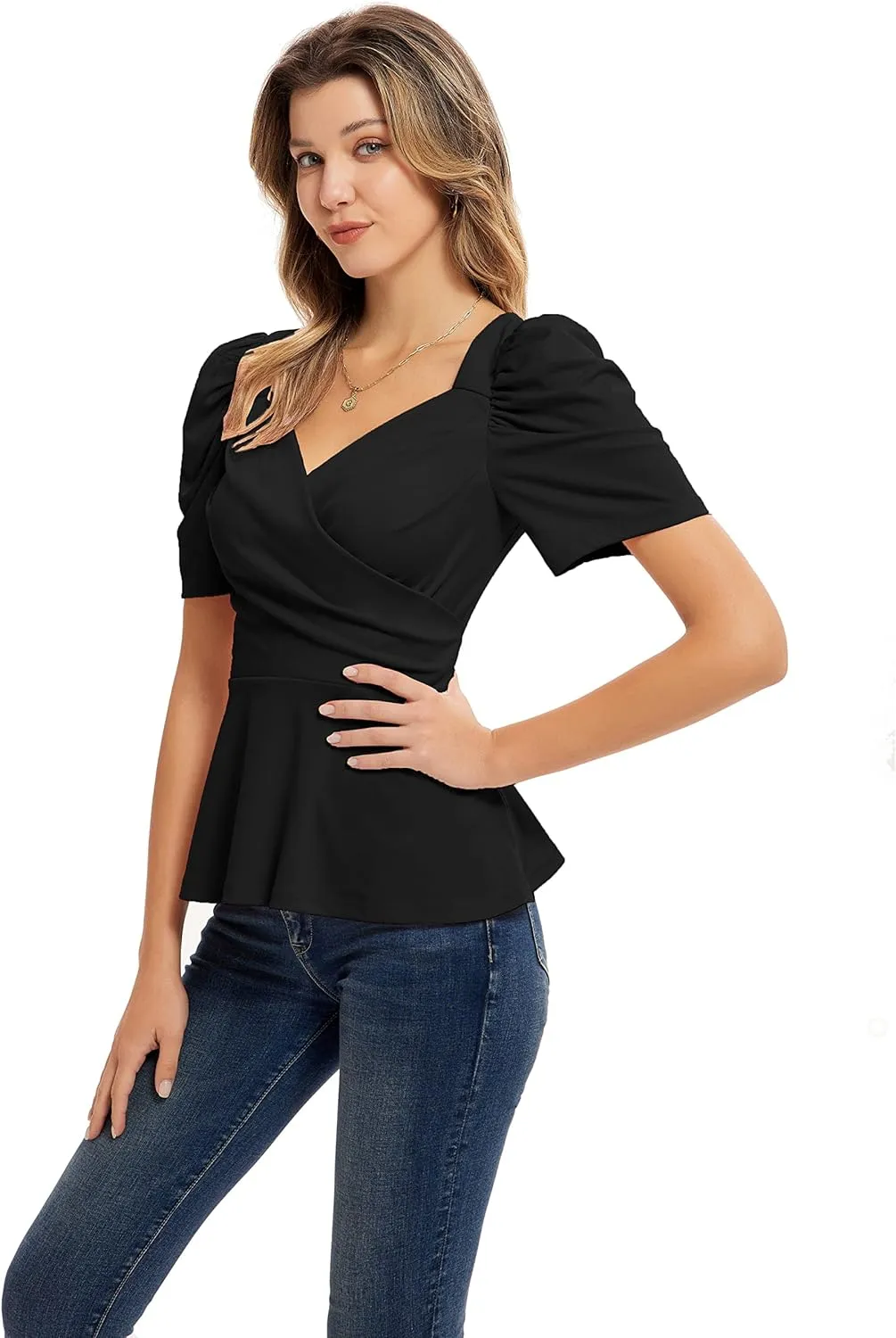 GRACE KARIN 2025 Womens Tops Elegant Peplum Top Wrap V Neck Puff Short Sleeve Summer Tops Blouse