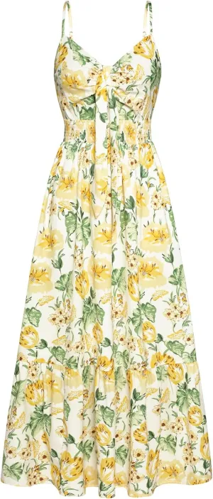 GRACE KARIN Women's 2025 Summer Maxi Dress Floral Tie Front Spaghetti Strap Casual Boho Beach Flowy Sundress with Pockets