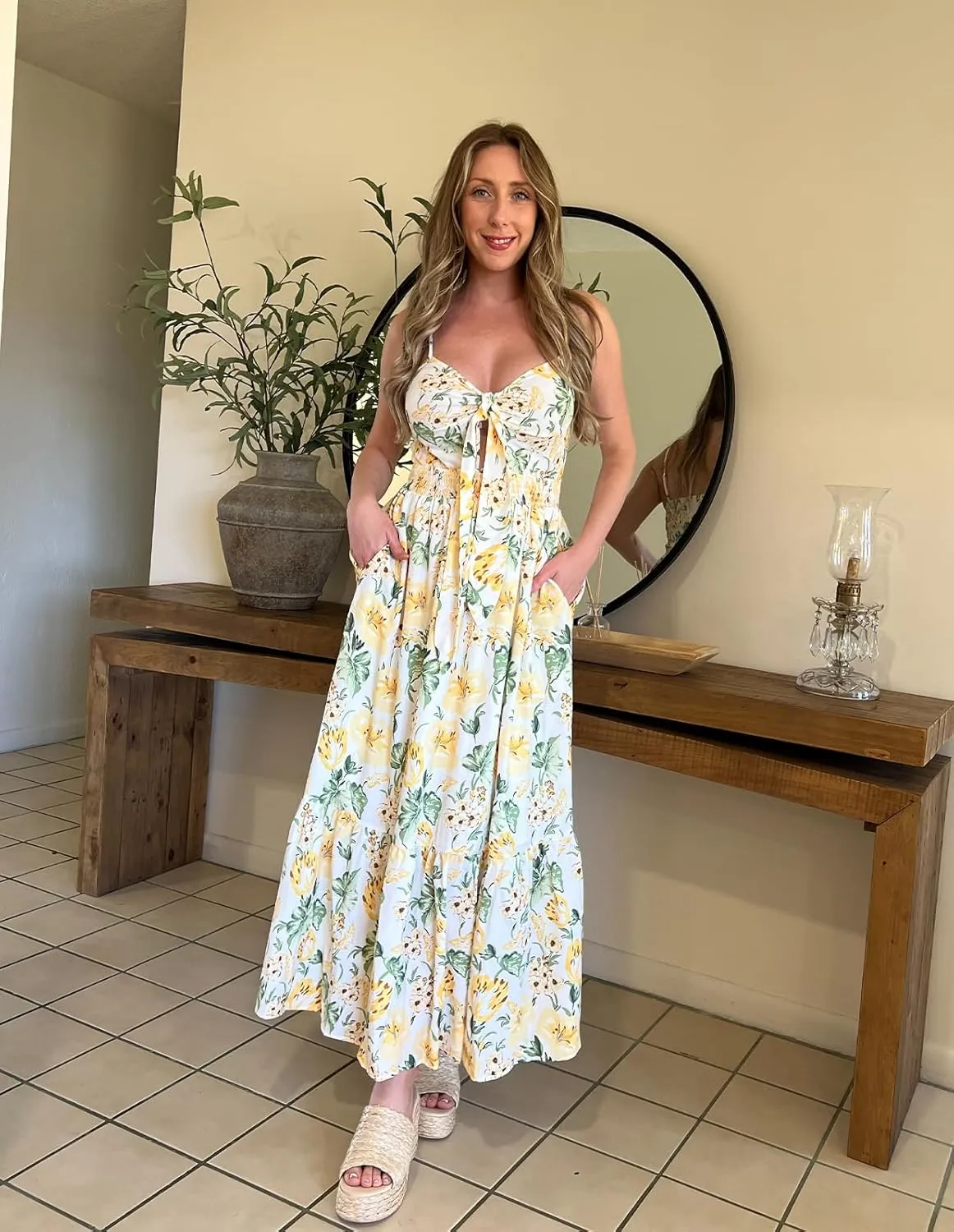 GRACE KARIN Women's 2025 Summer Maxi Dress Floral Tie Front Spaghetti Strap Casual Boho Beach Flowy Sundress with Pockets