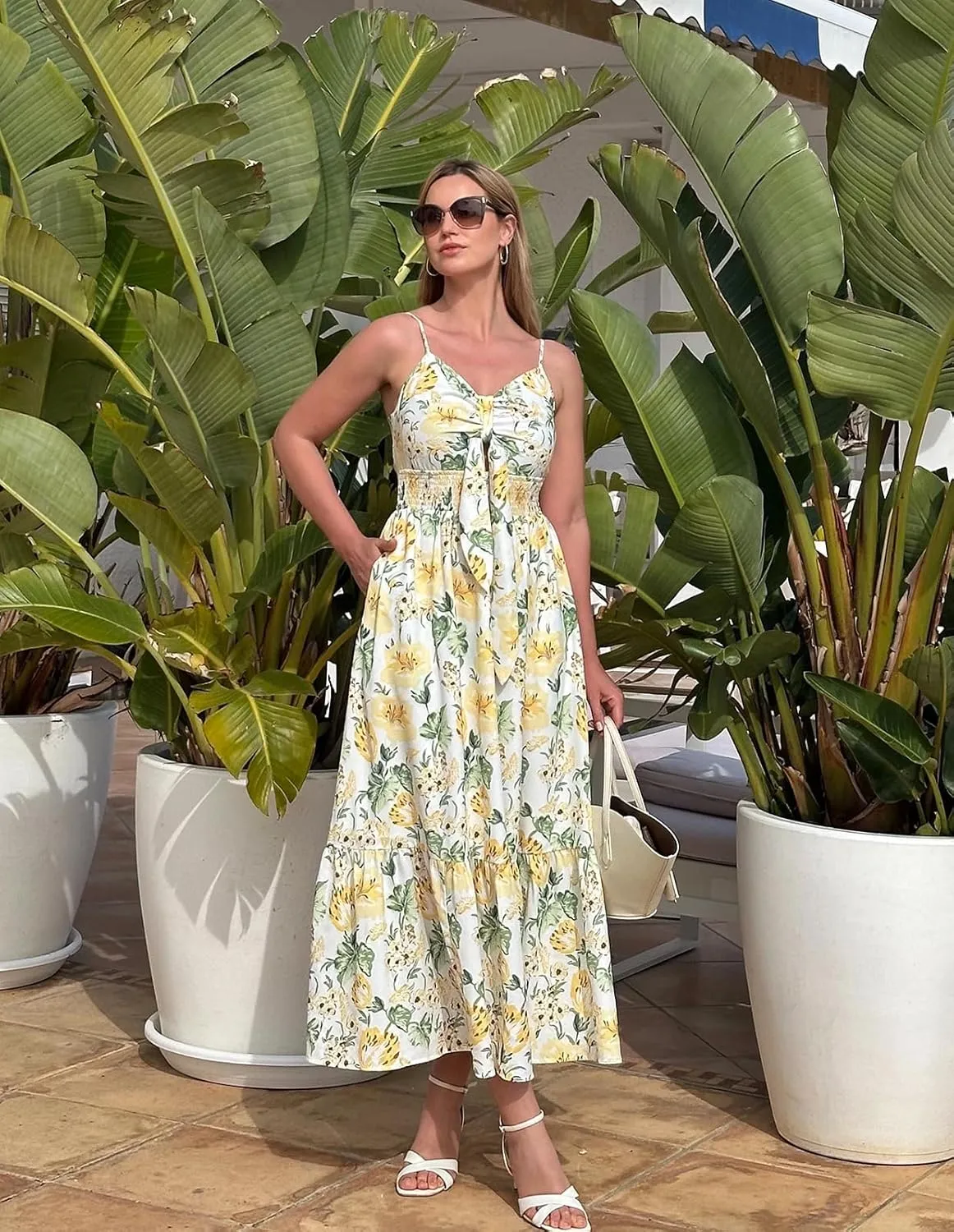 GRACE KARIN Women's 2025 Summer Maxi Dress Floral Tie Front Spaghetti Strap Casual Boho Beach Flowy Sundress with Pockets
