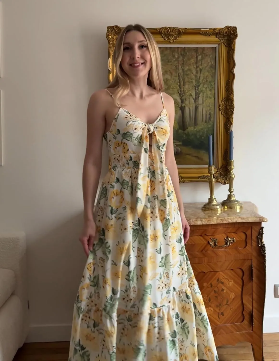 GRACE KARIN Women's 2025 Summer Maxi Dress Floral Tie Front Spaghetti Strap Casual Boho Beach Flowy Sundress with Pockets