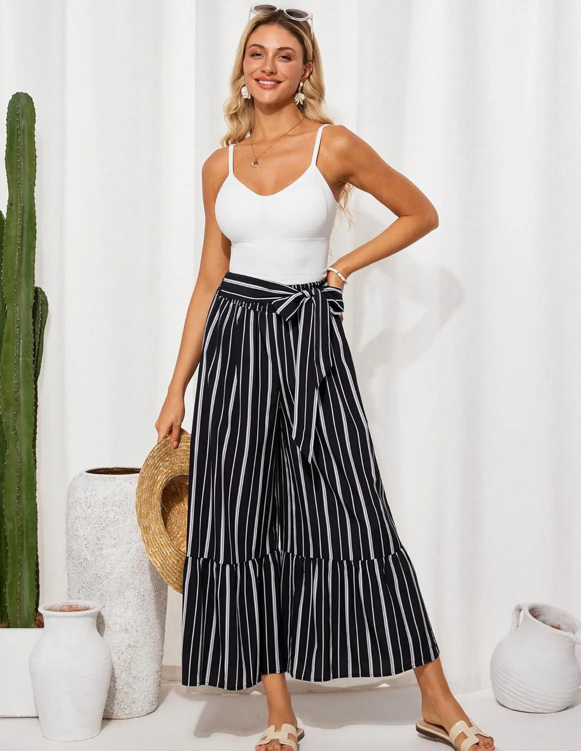 GRACE KARIN Women's 2025 Summer Wide Leg Palazzo Pants Elastic High Waisted Boho Casual Flowy Beach Pants with Pockets