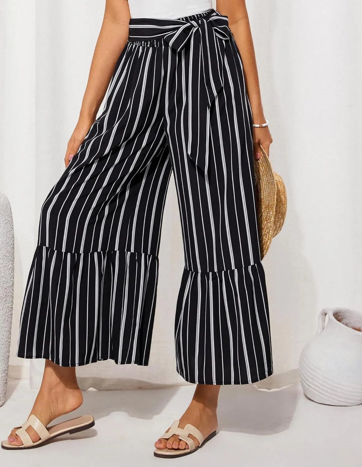 GRACE KARIN Women's 2025 Summer Wide Leg Palazzo Pants Elastic High Waisted Boho Casual Flowy Beach Pants with Pockets