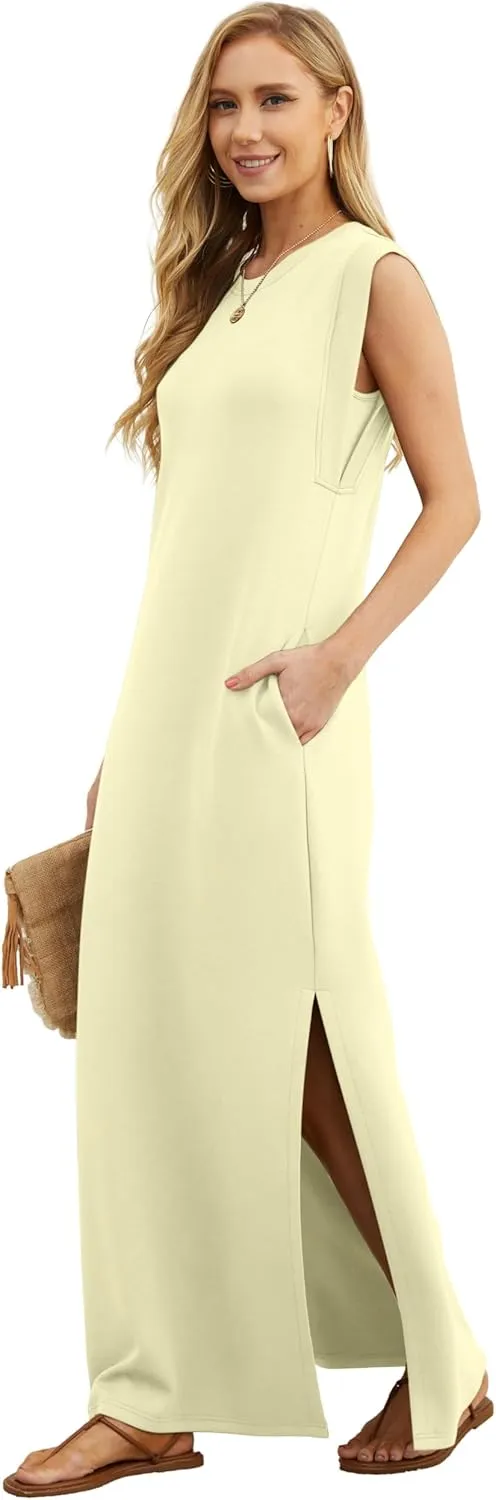 GRECERELLE 2025 Women Summer Round Neck Casual Loose Split Wrinkle-Free Long Maxi Vacation Dress with Pockets (XS-3XL)
