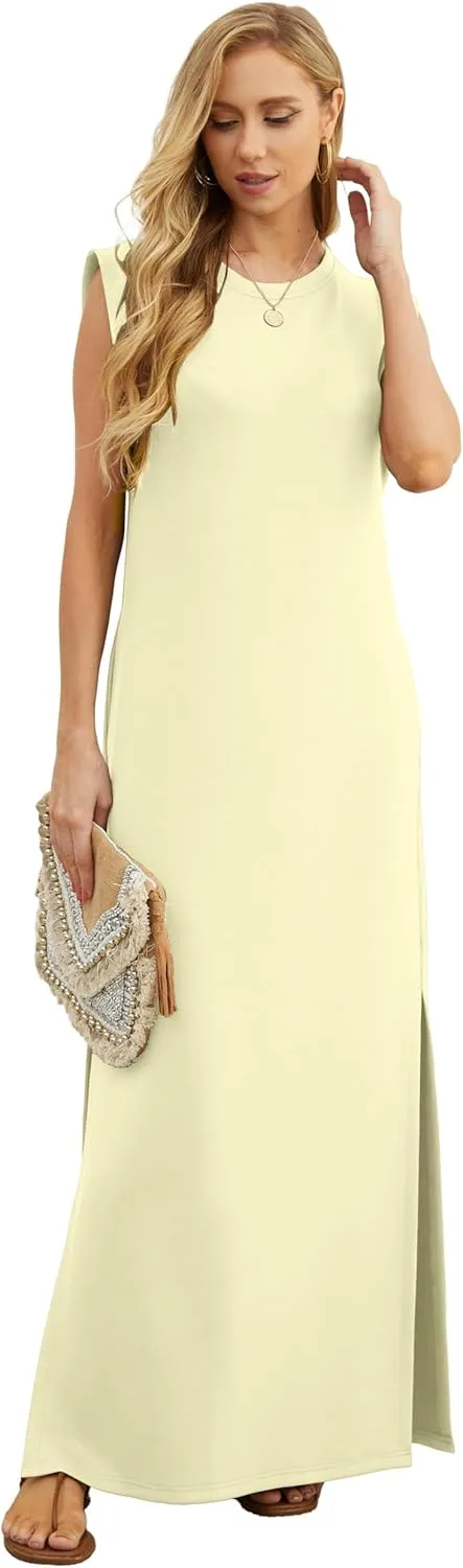 GRECERELLE 2025 Women Summer Round Neck Casual Loose Split Wrinkle-Free Long Maxi Vacation Dress with Pockets (XS-3XL)
