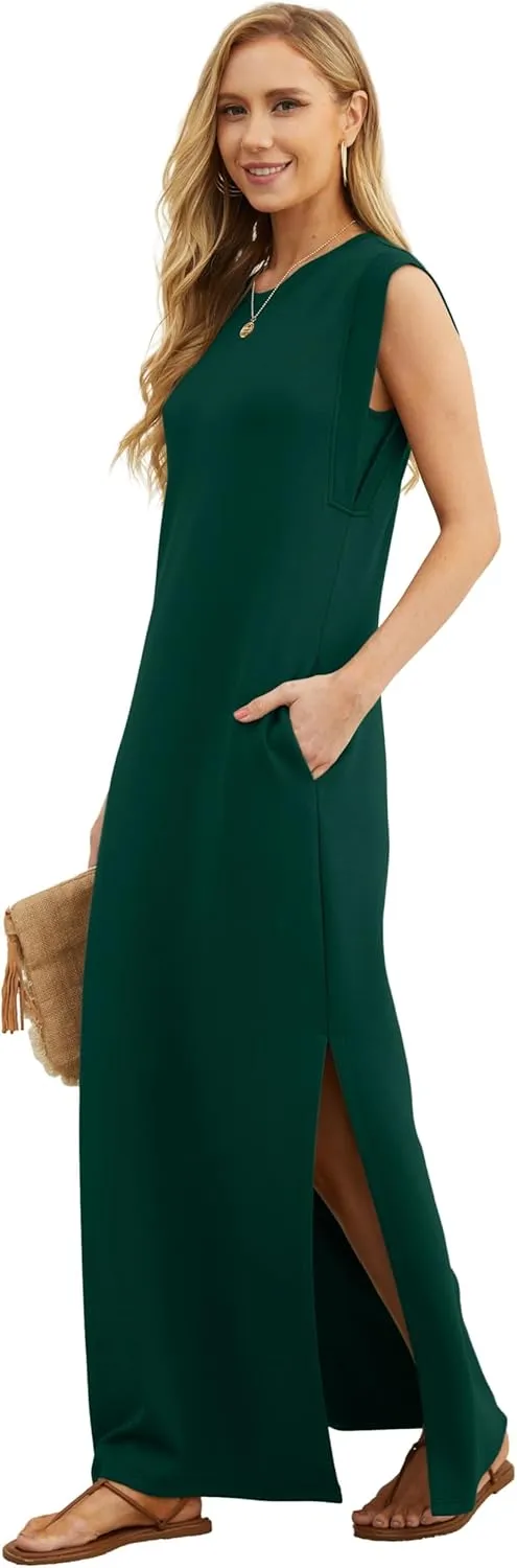 GRECERELLE 2025 Women Summer Round Neck Casual Loose Split Wrinkle-Free Long Maxi Vacation Dress with Pockets (XS-3XL)