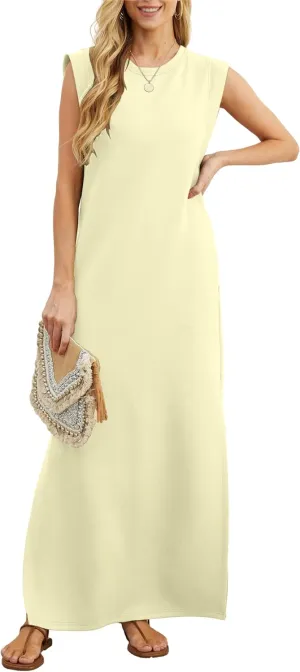 GRECERELLE 2025 Women Summer Round Neck Casual Loose Split Wrinkle-Free Long Maxi Vacation Dress with Pockets (XS-3XL)